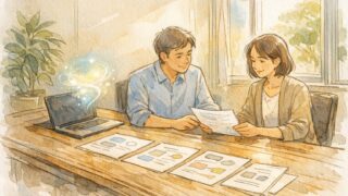 AI 稟議書 書き方を象徴する、落ち着いた対話と文書を共有するオフィス風景