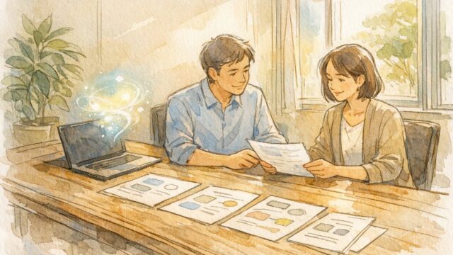 AI 稟議書 書き方を象徴する、落ち着いた対話と文書を共有するオフィス風景