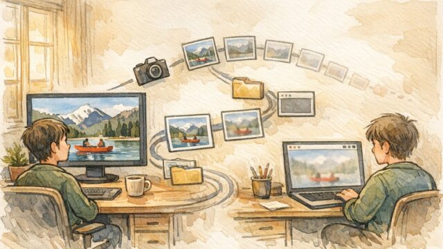 WP 画像 ぼやける 解決策として、アップロードから表示までで画質が落ちる過程を対比したイラスト