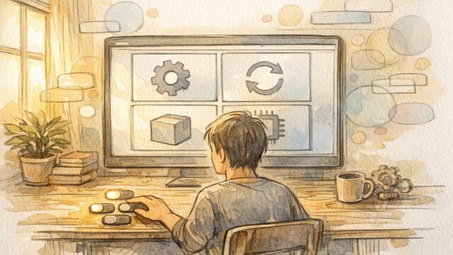 WordPress 自動更新 停止の基本を整理し、手動管理とのバランスを象徴的に描いたイラスト