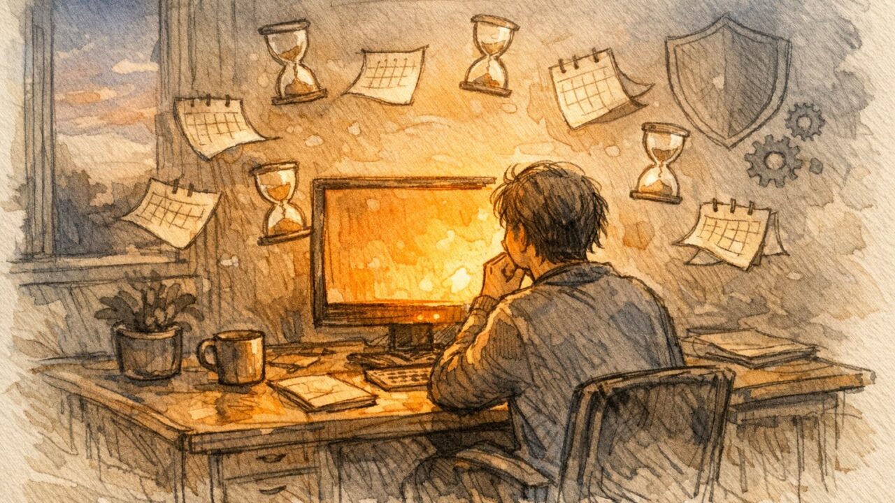 夕暮れの静かなデスクでPHPのバージョンが古い 警告 消し方を考える様子