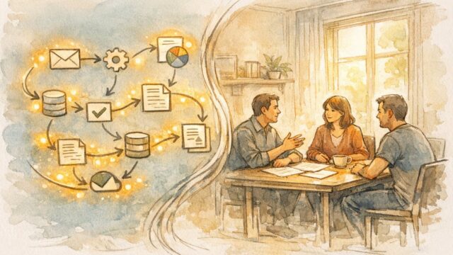 Make AI 自動化 ワークフローで定型作業を任せ、人は会議で判断する様子