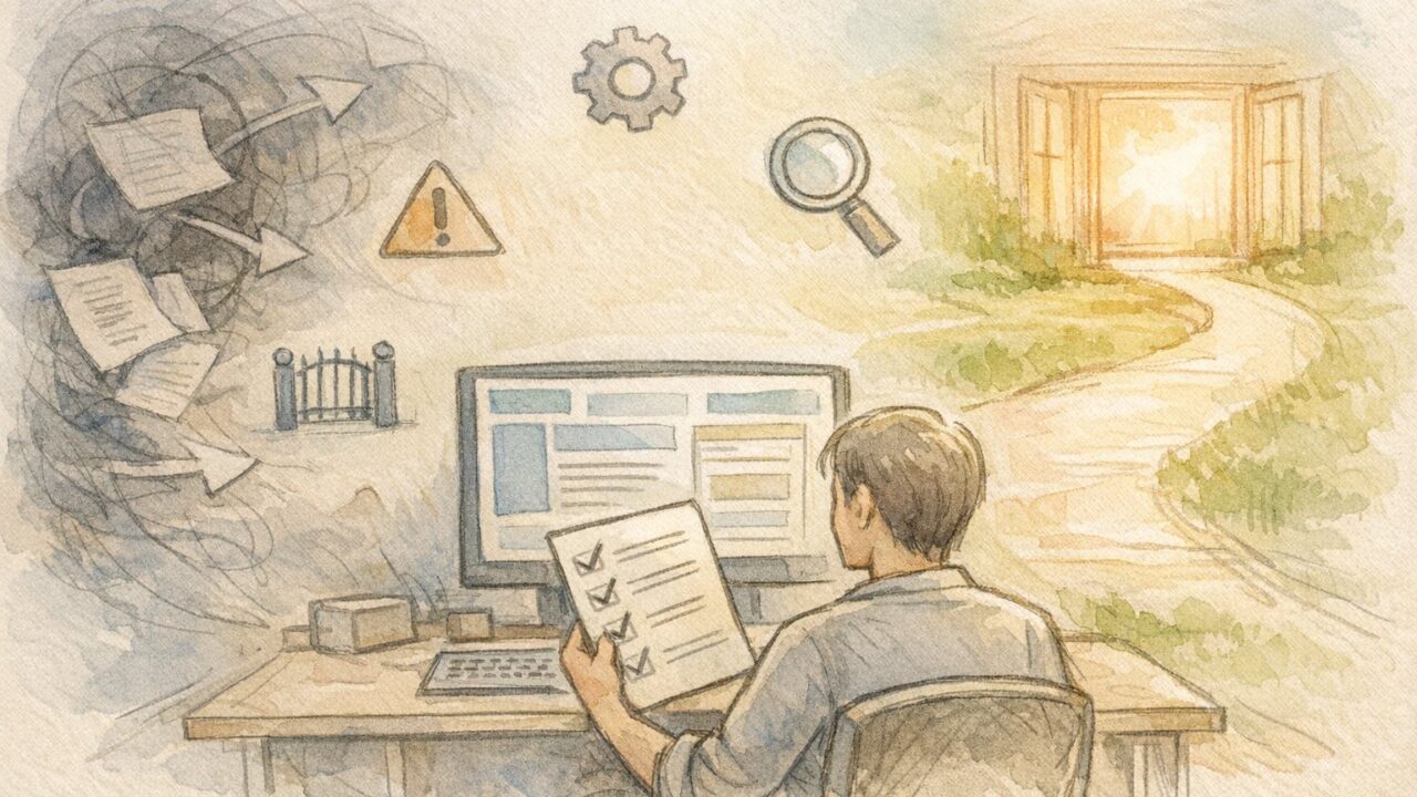 インデックスされない対策を整理し技術的要因をチェックするワークスペースイラスト