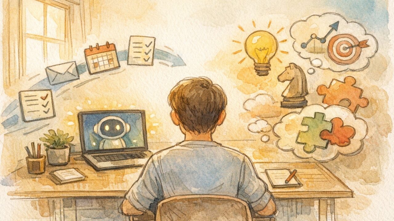 AI 秘書 ツール おすすめの業務切り分けイメージ、ルーティン作業と創造的思考の比較