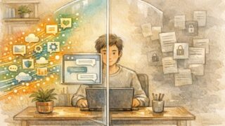 生成AI セキュリティ リスクを象徴する机上の利用シーン、技術対策と見落とされた機密情報の対比