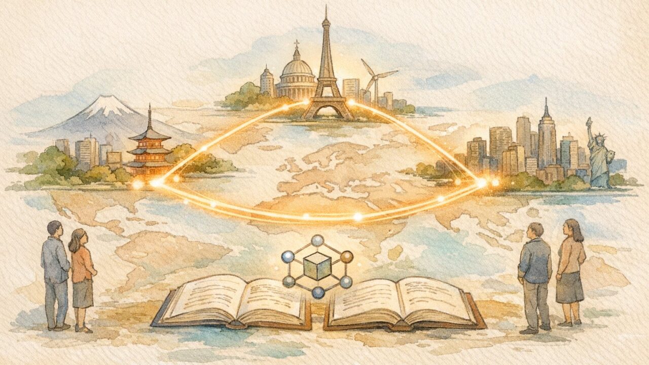 日本・EU・米国の都市が光で結ばれたイラストで示す生成AI 著作権 ガイドライン 最新動向