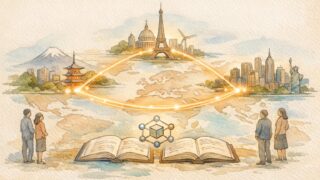 日本・EU・米国の都市が光で結ばれたイラストで示す生成AI 著作権 ガイドライン 最新動向