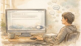 WP コメント欄 消したいと考えるブロガーが、静かなデスクでコメント機能の役割を見直しているイラスト
