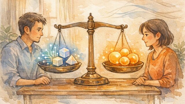 AI 倫理 問題 事例を象徴し、技術革新と公平性のバランスを考える場面