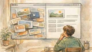 CLS 改善で揺れるレイアウトと安定した閲覧体験を見比べる人のイラスト