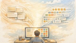 構造化データ 実装で可読コンテンツと検索向け情報が調和する様子を描いたイラスト