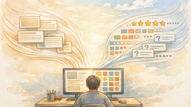 構造化データ 実装で可読コンテンツと検索向け情報が調和する様子を描いたイラスト