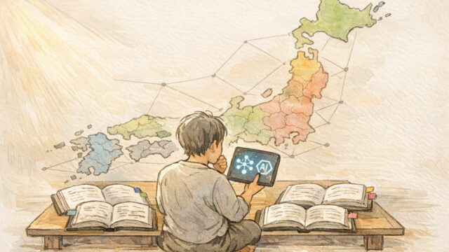 生成AI 法規制 日本の現状を象徴的に描いた日本地図と法令書、タブレットを見つめる人物