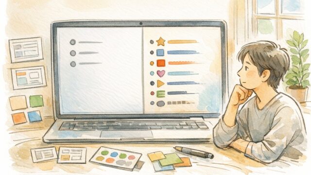 WP 箇条書き リスト デザインを比較検討する作業環境イラスト