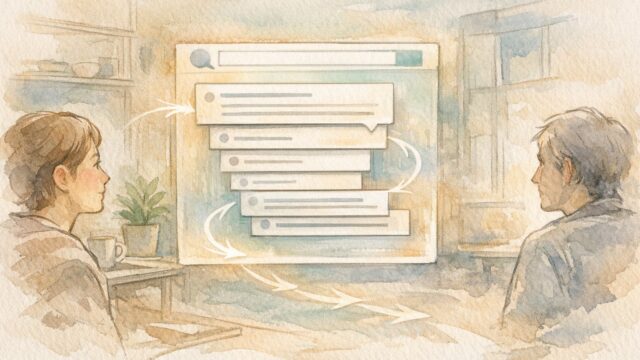 FAQ 構造化データが検索結果でユーザーとサイト運営者の視点をつなぐ様子の抽象イラスト