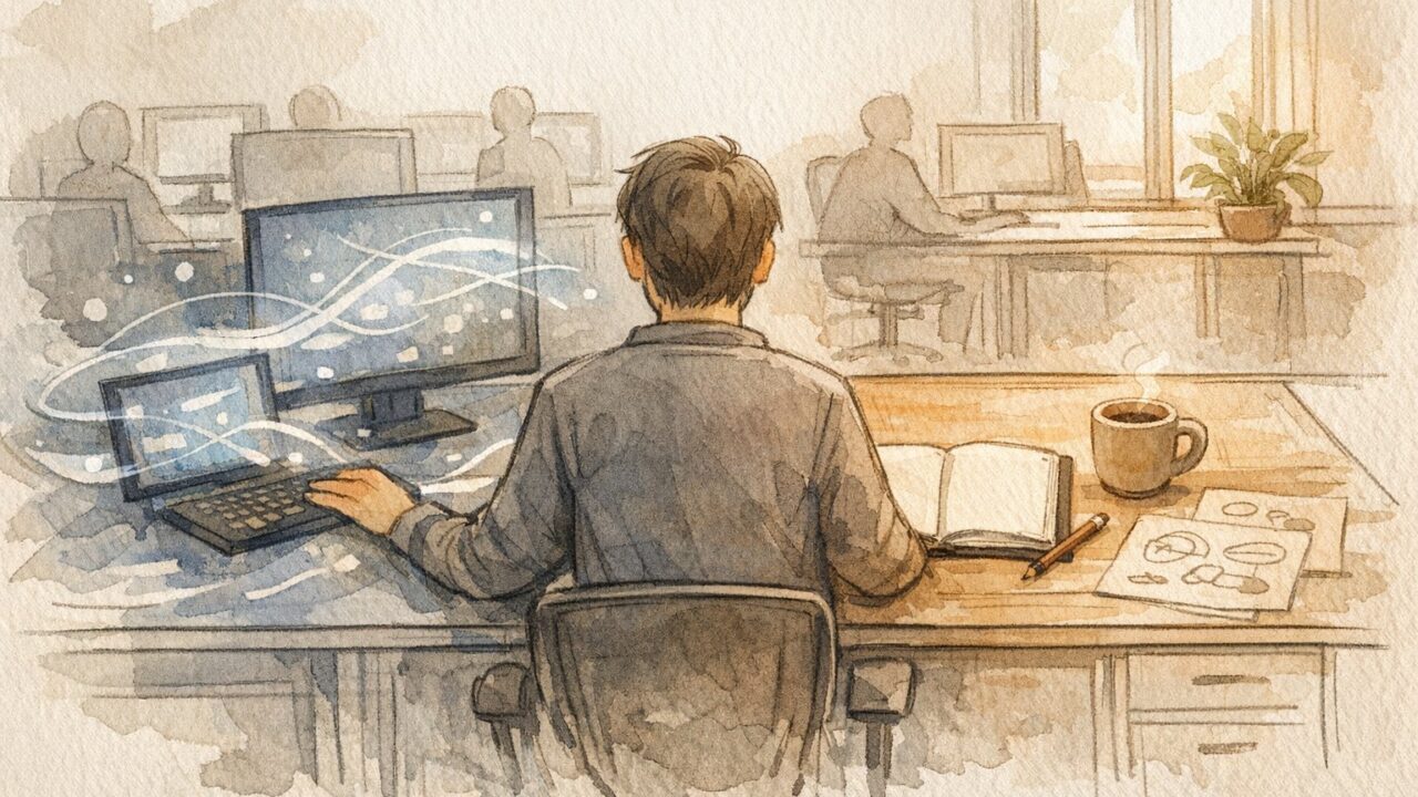 現代オフィスでAI 支援と手書き作業の間で揺れるビジネスパーソン、AI 依存症 リスクを象徴