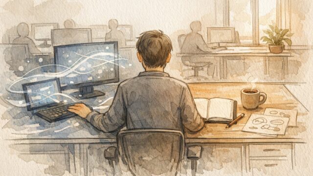 現代オフィスでAI 支援と手書き作業の間で揺れるビジネスパーソン、AI 依存症 リスクを象徴