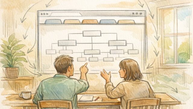 WP ヘッダーメニュー 作り方を整理し階層構造を設計する様子を示す手描きイラスト