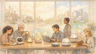 AI 共存 社会 のあり方を象徴する穏やかなオフィス空間で人とAIが共に過ごす様子