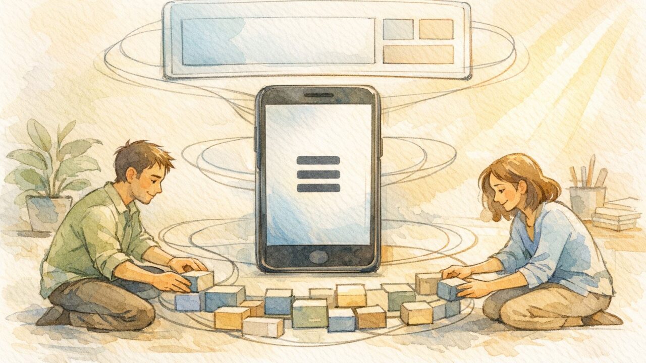 WP スマホメニュー（ハンバーガー） 変更の基本構造を、テーマとプラグインの二層で整理した概念イラスト