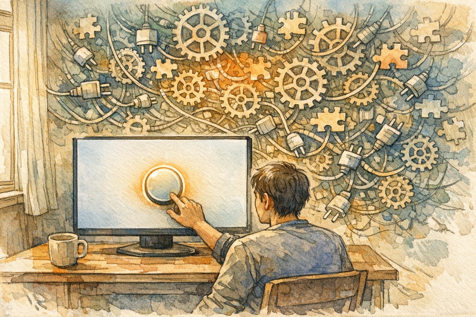 WordPress プラグイン 更新 失敗の不安と、画面裏に潜む複雑な仕組みを対比したイラスト