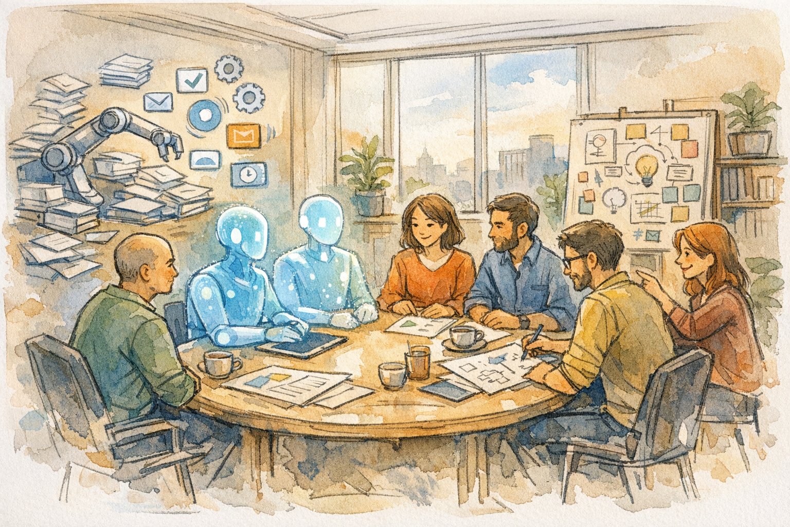 AI 共存 社会 のあり方を象徴し、人とAIが仕事の役割分担を協調するワークスペースイラスト