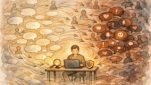 AI 誤情報 拡散 対策を象徴するイラスト, ノイズ渦巻く中で情報を精査する人物