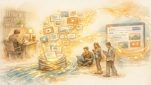 プレスリリース SEOの役割を象徴するイラスト、紙媒体から検索結果へ情報が流れる様子