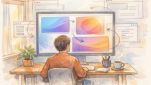 WordPress グラデーション CSSの基本を学ぶ、大画面で配色を確認する大人の作業風景
