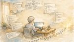 ChatGPT 返信が途中で止まる 対策を考える落ち着いたデスクワーク風イラスト