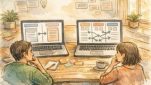 落ち着いた作業机で2カラムと3カラムのWP カラム 分け方を比較検討する様子
