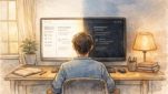 WordPress ダークモード 導入を検討する利用者が、明るい画面と暗い画面を比較しながら静かに考える様子