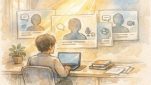 運営者情報 書き方をイメージした、信頼性や透明性を象徴する優しいイラスト