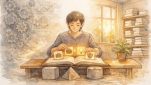 YMYL 対策におけるE-E-A-Tのバランスを机上で整理する人物のイラスト