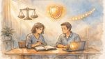 ガイドラインと医療記事 SEOのバランスを相談する大人二人の静かな打ち合わせシーン