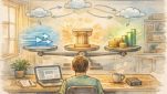 WordPress サーバー 比較 2024を俯瞰し、速度・安定性・コストを静かに吟味する人物のイラスト