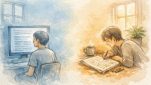 AI 記事 感情がこもっていない印象と人間の文章の温かさを対比した手描きイラスト
