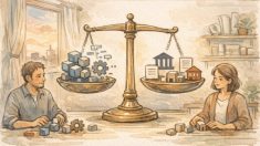 オープンソース AI リスクを象徴する天秤を見つめ議論するビジネスパーソン