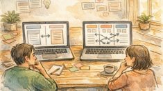 落ち着いた作業机で2カラムと3カラムのWP カラム 分け方を比較検討する様子
