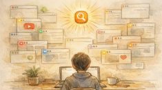 WP ファビコン 設定で生まれる小さな光のような印、混雑したブラウザ上でサイトの輪郭を示すデスク周りの情景