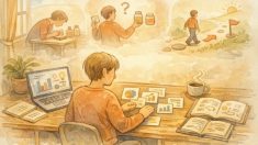 E-E-A-T 対策 具体例として個人の経験を整理し可視化する机上作業のイラスト