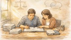 落ち着いた執務スペースで監修者と担当者が原稿を確認する様子, 監修者 入れる メリットを表現