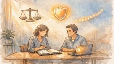 ガイドラインと医療記事 SEOのバランスを相談する大人二人の静かな打ち合わせシーン