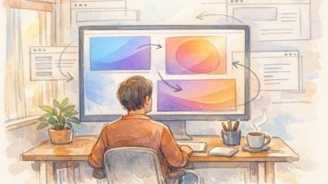 WordPress グラデーション CSSの基本を学ぶ、大画面で配色を確認する大人の作業風景