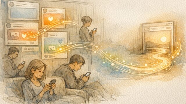 SNS リンク 効果で生まれる導線、スマホを見る人々とサイトへ続く光の流れ