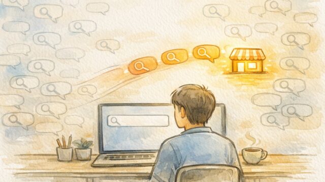 指名検索 増やすことで検索需要が一点に集まる様子を示す、デスクでPC画面を見つめる人物イラスト