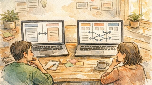 落ち着いた作業机で2カラムと3カラムのWP カラム 分け方を比較検討する様子