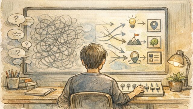 AI 同じ言葉を繰り返す 直し方を示す操作画面、曖昧なループ文章が整理された指示に変化