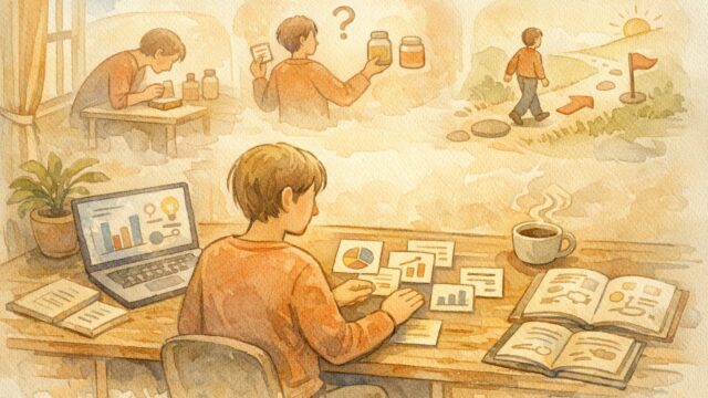 E-E-A-T 対策 具体例として個人の経験を整理し可視化する机上作業のイラスト