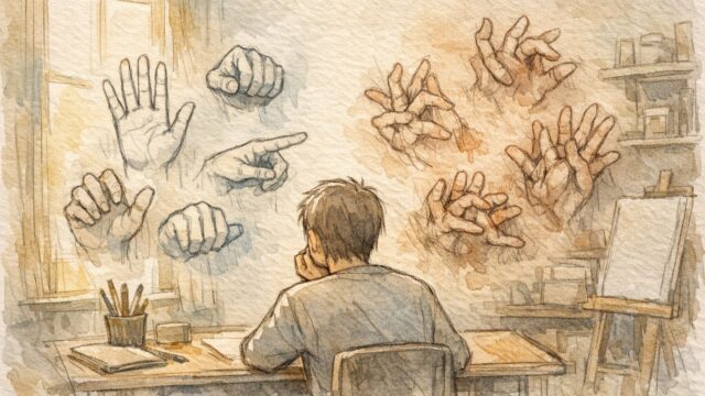 AI 生成画像 手の形がおかしい例と自然な手を比較し、違和感の要因を整理するシーン
